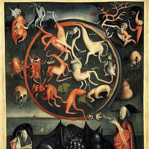 Prompt: vin the garden of beasts, ery detailed and colorful, by Hieronymous Bosch, by M.C. Escher, by Caravaggio, beautiful, eerie, surreal, psychedelic