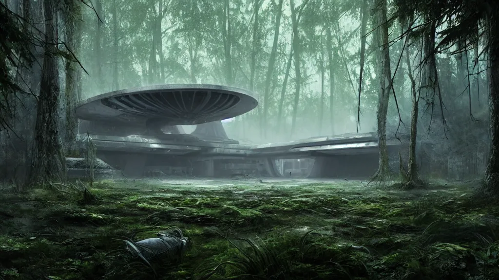 Prompt: abandoned brutalist alien space station in lush forest, close up, marek okon, digital painting, xf iq 4, f / 1. 4, iso 2 0 0, 1 / 1 6 0 s, 8 k, raw, featured in artstation, octane render, cinematic, elegant, intricate, 8 k