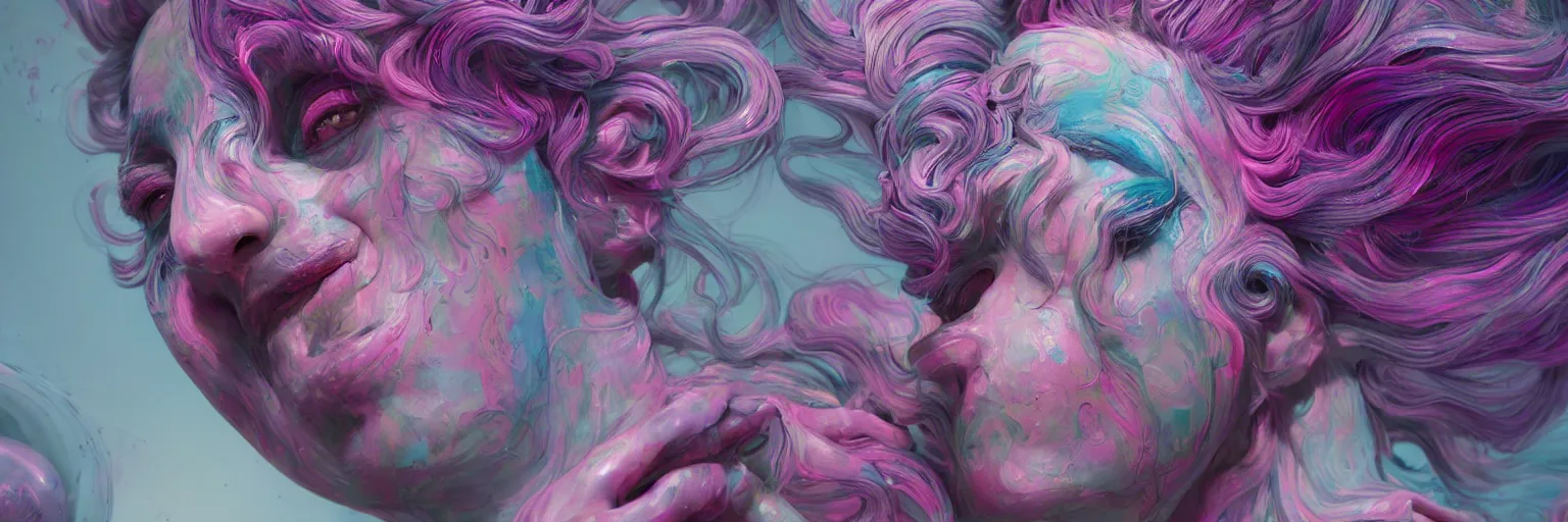 Image similar to A portrait of a very beautiful goddess with pink and grey hair radiating an artwork made of multicolored swirling paint by James Jean and Ross Tran and WLOP , volumetric displacement by Lee Griggs, hyperrealism, subsurface scattering, octane render, bokeh, 8k, xparticles