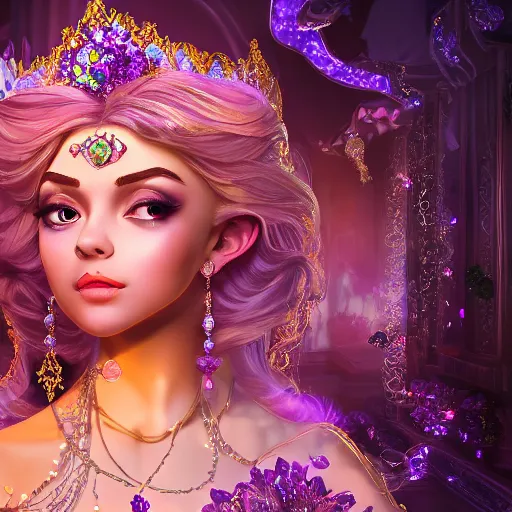 Image similar to portrait of princess of amethyst, glowing, ornate and intricate jewelry, jaw dropping beauty, glowing background lighting, white accent lighting, hyper detailed, fairy tale, 4 k octane render