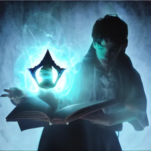 Prompt: a handsome young dark sorcerer casting a necromancer spell, evil glowing spellbook, photorealistic 35mm