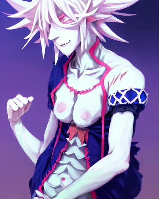 Prompt: extremely attractive soft feminine male as a jester anime character screenshot, nagito komaeda and hisoka jester, anime feminine male fool, intricate, sharp focus, illustration, highly detailed, digital painting, cell shaded, concept art, matte, art by ilya kuvshinov and kyoto animation and wlop, ruan jia, greg rutkowski, studio quality