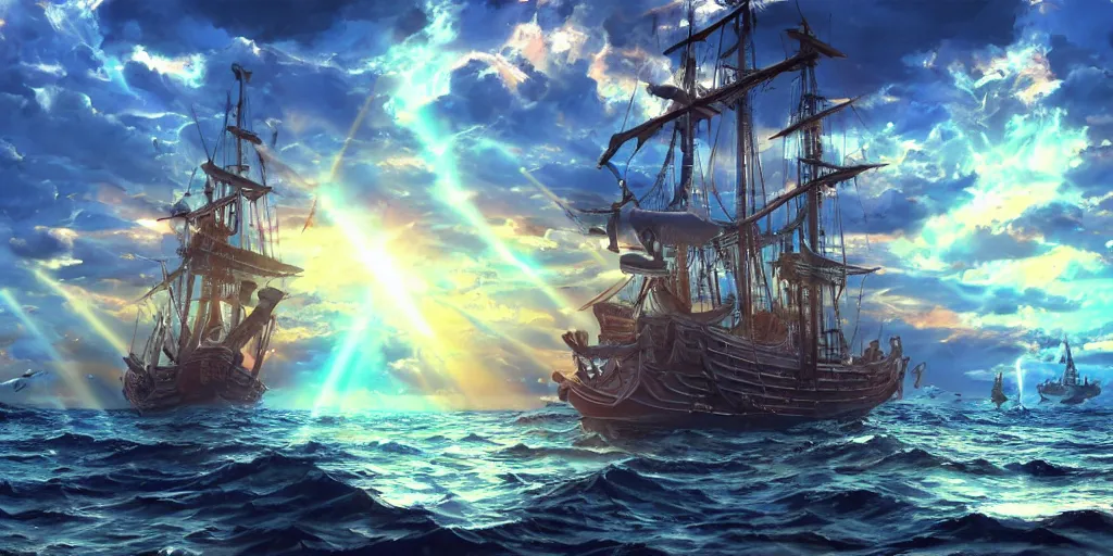 Prompt: pirate ship sailing with glowing birds near the ship, blue sunrays piercing the clouds crepuscular rays, boisterous heaven, raging sky, storm, sun lighting, hd wallpaper thousand sunny one piece, through clouds, makoto shinkai, lighting refraction, volumetric lighting, pixiv art, highly detailed, anime art, symmetrical, anime art