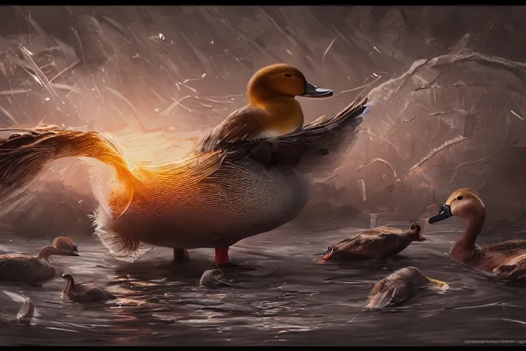 Image similar to duck drinks energy napiokmonstr energy, concept art, wlop, digital painting, trending on artstation, highly detailed, epic composition, official media, 8 k uhd