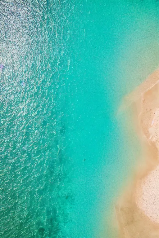 Image similar to Aerial Photo of tropical Beach, turquoise water, calm, volumetric lighting, summer, Cinematic, award winning, photo print.