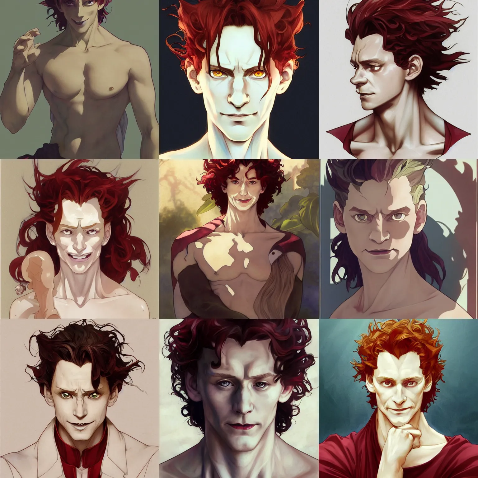 Image similar to hisoka, young tom hiddleston, cel - shaded animesque art by artgerm and greg rutkowski and alphonse mucha, smooth white skin, smirking face, reddish hair, d & d, fantasy, feminine portrait, highly detailed, digital painting, trending on artstation, concept art, sharp focus, illustration