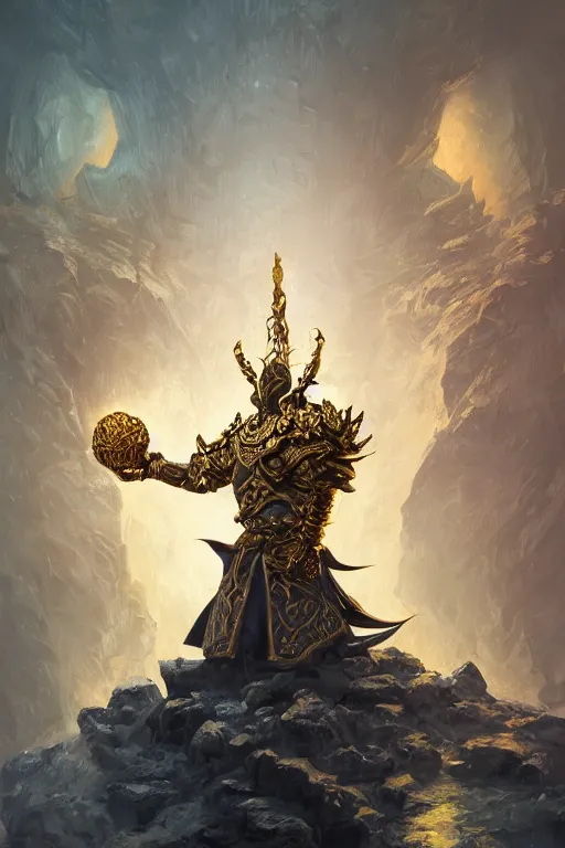 Image similar to dynamic photography portrait of a dungeons and dragons king's colosse , intricate ornate armor, subject in the middle of the frame, rule of thirds, golden ratio, elegant, digital painting, octane 4k render, zbrush, hyperrealistic, artstation, concept art, smooth, sharp focus, illustration from Warcraft by Ruan Jia and Mandy Jurgens and Artgerm and William-Adolphe Bouguerea