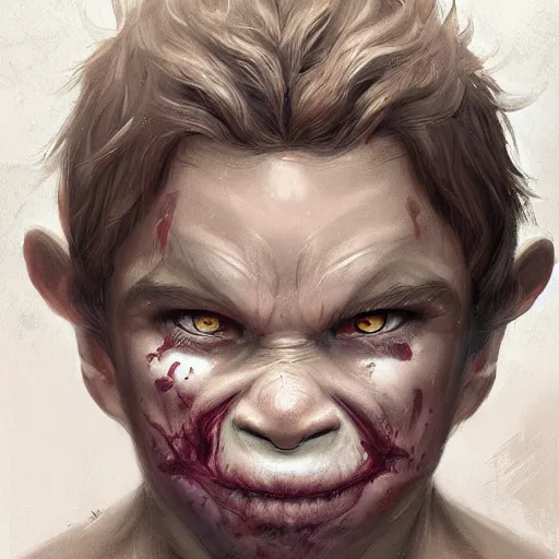 Prompt: a detailed matte head - on portrait painting of an ugly halfling man, with a large scar and missing teeth portrait by charlie bowater, lise deharme, wlop, tending on arstation, dungeons and dragon, dnd, pathfinder, fanart, oil on canvas