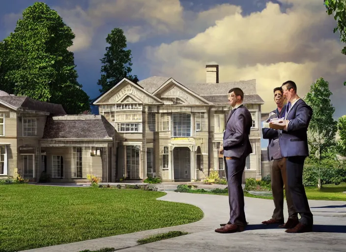 Image similar to several men look forward to the future, bright, happy, high - tech mansion, painting