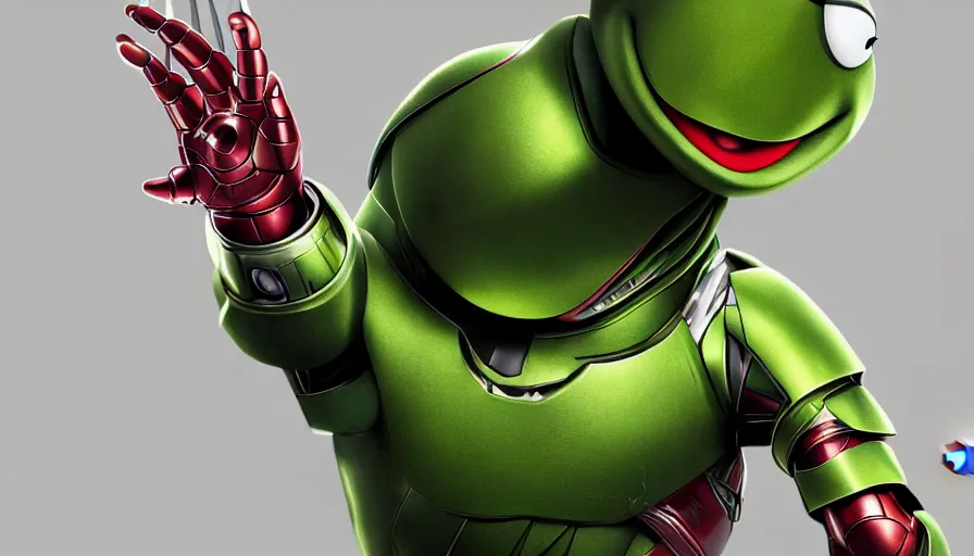 Image similar to Kermit the frog as Iron man, hyperdetailed, artstation, cgsociety, 8k