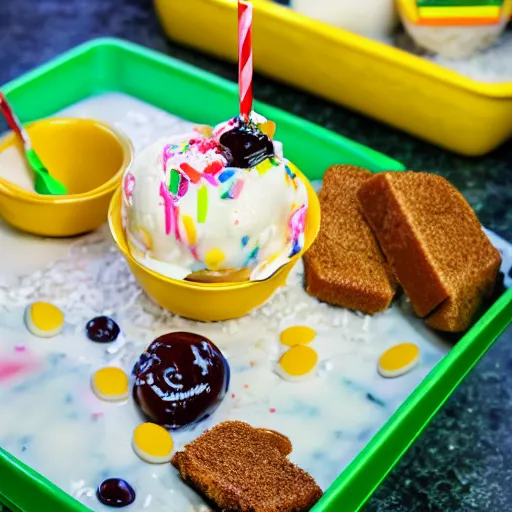 Image similar to high quality photo of the best ice cram sundae in the world on a yellow tray on a green table with a clean background