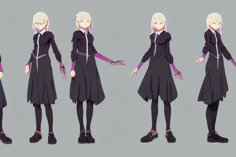 Image similar to character sheet of attractive female student witch, magic school uniform, blonde hair, by greg rutkowski and studio ghibli, digital art, trending on artstation, highly detailed, concept art, beautiful, masterpiece