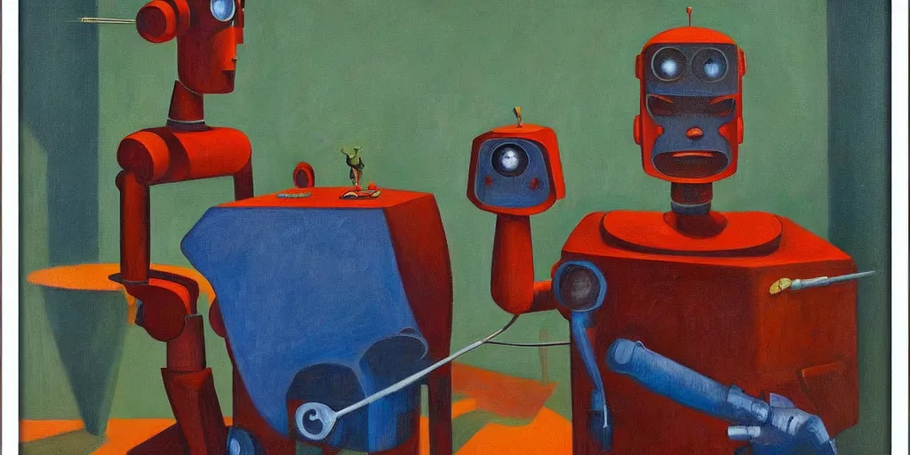 Image similar to devious robot with shifty eyes portrait, lowbrow, pj crook, grant wood, edward hopper, oil on canvas