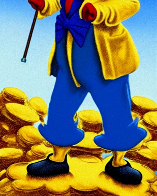 Image similar to Scrooge McDuck from the Duck Tales in blue costume standing on a mountain of golden gold and holding a cane, view from below, full body portrait including head, oil painting, highly detailed