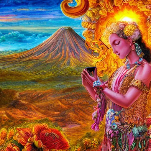 Image similar to a ram goddess checking her cell phone, erupting volcano and sunset in distance in background, flowers in foreground by senior concept artist josephine wall, zodiac, fantasy, acrylic on canvas, intricately detailed, highly detailed, high resolution, hd, 8 k, wallpaper, trending on artstation,