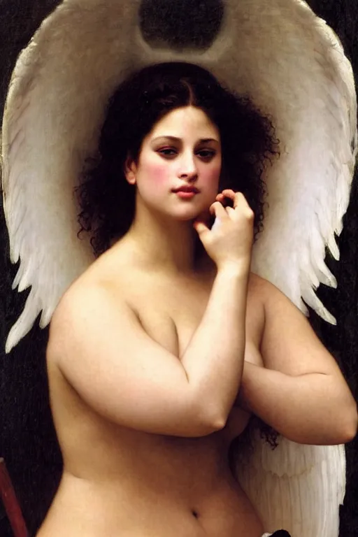 Image similar to ashley graham as bbw angel in a romantic painting by william adolphe bouguereau, photorealistic, sharp and ultradetailed