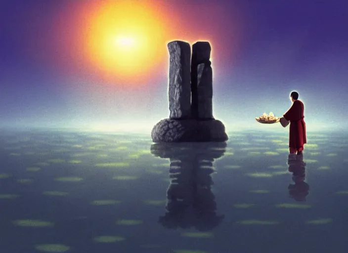 Image similar to a realistic cell - shaded studio ghibli concept art from paprika ( 2 0 0 6 ) of a floating cube from close encounters of the third kind ( 1 9 7 7 ) and a monk meditating on top of a pillar in a flooded stonehenge on a misty starry night. very dull colors, hd, 4 k, hq