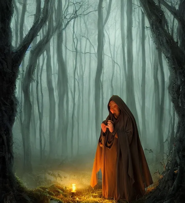 Image similar to hooded monk of the enchanted woods. peace, serenity, stillness, tranquility and a deep sense of magick. cinematic atmospheric lighting, mystical, atmospheric, wicca, painted, intricate, ultra detailed. by dave dorman, well composed, best on artstation, cgsociety, epic, stunning, gorgeous, intricate details, wow, masterpiece