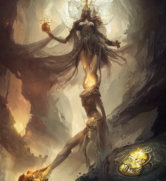 Image similar to full body illustration of a goddess, tarot card, dark souls colour scheme, establishing shot, coherent, high detailed, kerem beyit, Karol Bak, peter mohrbacher featured on artstation