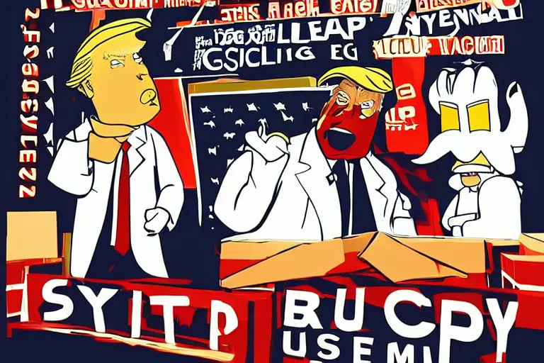 Image similar to 2 d poster illlustration donald trump and donald trump wearing trenchcoats and black spy hats, stacks of boxes everywhere and a safe broken open for the movie spy vs spy