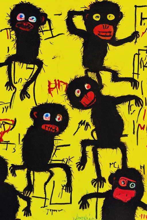 Image similar to an illustration of monkeys killing children in the style of basquiat by margaret wise brown