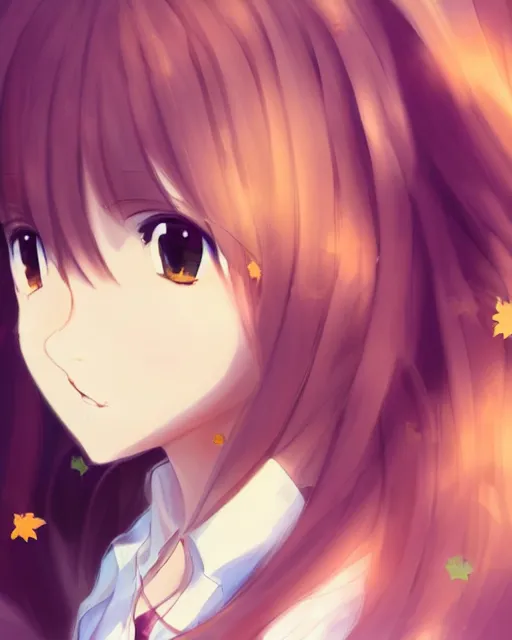 Prompt: happy cute teenage girl Portraits.Closeup of the pretty Anime girl's side face with her head slightly raised.Slightly curly Orange flowing hair .Shining highlights in Background.vivid color.digital 2D, painterly style, cinematic matte Illustration,trending on pixiv and artstation.Fine particles Red maple leaves fluttering in the air. anime wallpaper，Sunlight on the face.by Mika Pikazo，米山舞，Yoneyama Mai，Makoto Shinkai, VOFAN
