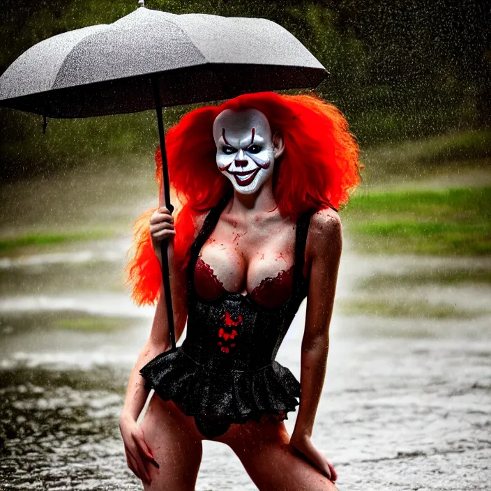 Image similar to fully body pose, photo of a very beautiful!! victoria secret model, pennywise, wet hair, raining, 8 k, hdr, smooth, sharp focus, high resolution, award - winning photo, trending on artstation, dslr, 5 0 mm