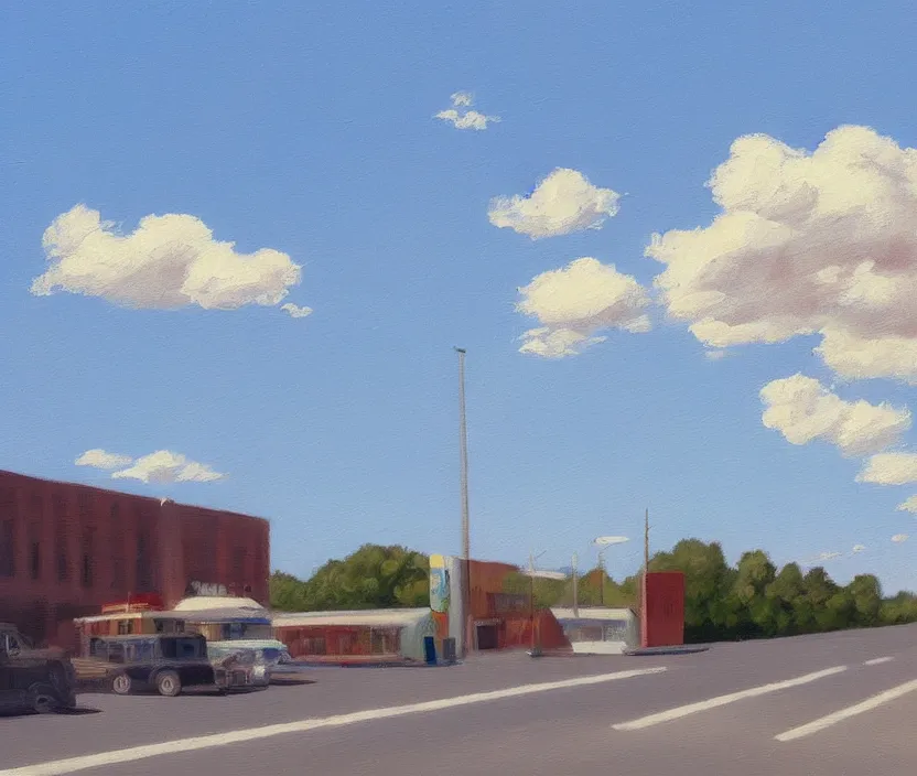 Image similar to a very detailed painting of one ad billboard, baby blue sky with very aesthetic stylized clouds, in the style of edward hopper, very small brushstrokes, 4 k,