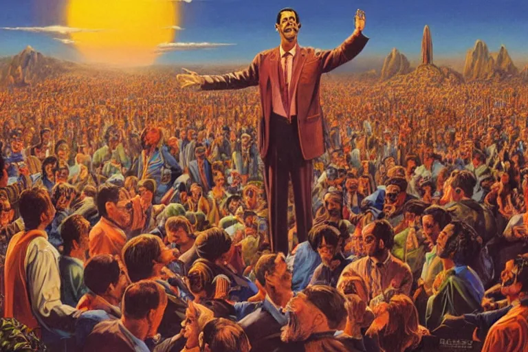Prompt: a picture of a happy subgenius - salesman at a alter speaking to a crowd of kneeling cultists, a ufo in the sky, sunrise, a detailed matte painting by mort kunstler, pixiv, kitsch movement, hellish background, movie poster, official art