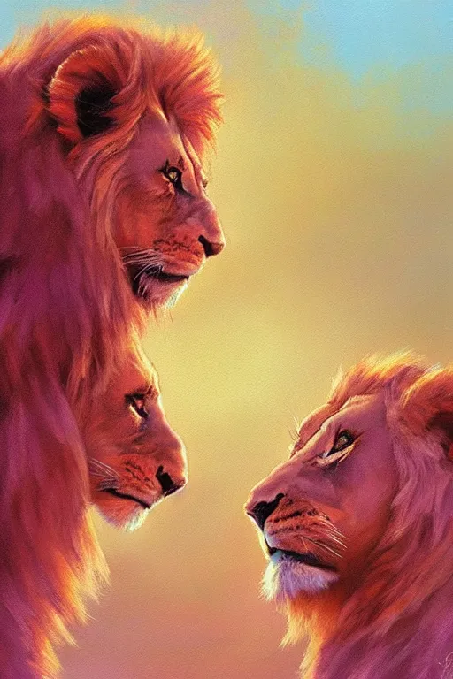 Image similar to spiritual twin flame lion art, pink sunset hue, highly detailed, oil painting hue, by craig mullins