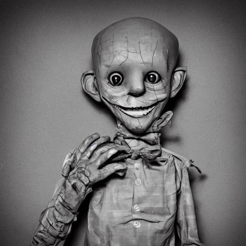 Image similar to creepy ventriloquist dummy in the style of roger ballen, 4 k, bw, portrait