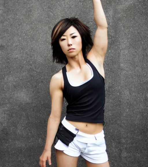 Image similar to an action photoshoot of akane owari, akane owari danganronpa, a toned japanese woman with dark tanned skin and wild wavy brown hair in a bob, hazel eyes, angular features, athletic body, buff, athletic fashion photography, sparring, dynamic pose, young and beautiful, white tank top, magazine cover, japanese facial features, full of energy