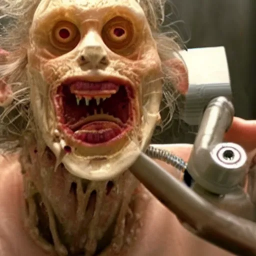 Prompt: b - grade horror film budget production a very strange creature made of cronenberg dentist drilling teeth