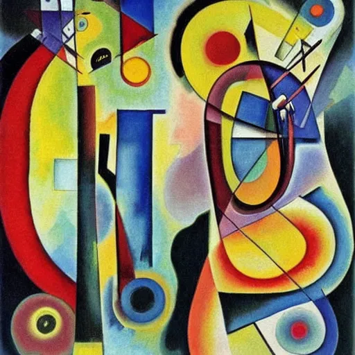 Image similar to Oil painting by Kandinsky. Two mechanical gods with animal faces having a conversation. Oil painting by Dali.