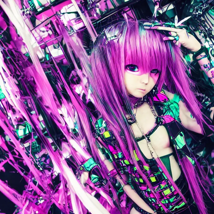 Image similar to maximalist emo anime girl, cybergoth, rainbowcore, vhs monster high, glitchcore witchcore, checkered spiked hair, pixiv