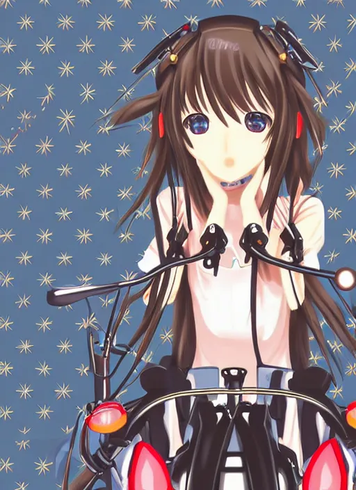 Image similar to motorcycle japanese girl in animanga super detailed eyes eyebrowless symmetry face visual novel hairpin star clannad shuffle toheart pattern illustration