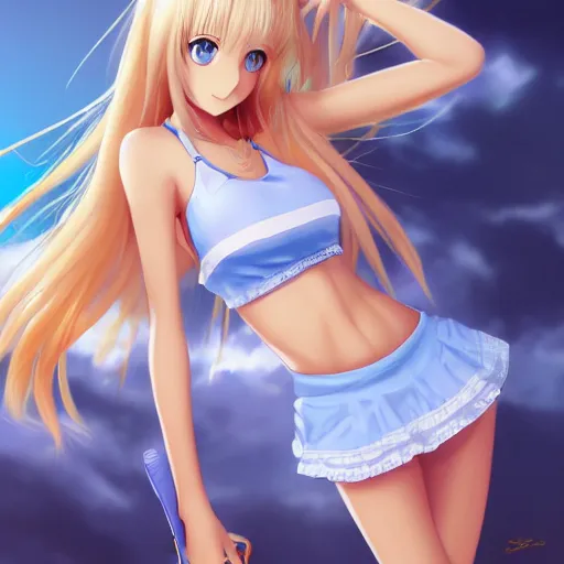Image similar to full body shot : a very beautiful young blond tennis anime girl, sky blue eyes,, bikini, miniskirt, highly detailed, cinematic wallpaper by stanley artgerm lau
