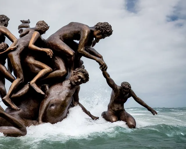 Prompt: a massive sculpture of desperate bronze people climbing a giant wave on the ocean water, in the style of jeff koons and michelangelo, inspired by the greatest sculptors, cinematic, hyper - realistic, very detailed, realistic water splashes, ray tracing, 8 k resolution, long - shot, sharp focus, low angle, 8 5 mm photograph, wide lens