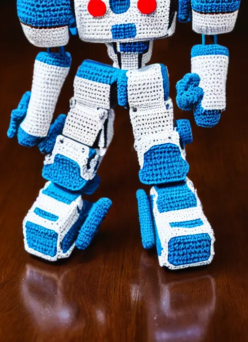 Image similar to a crochet mecha robot, very detailed, Sigma 30 mm f/1.4