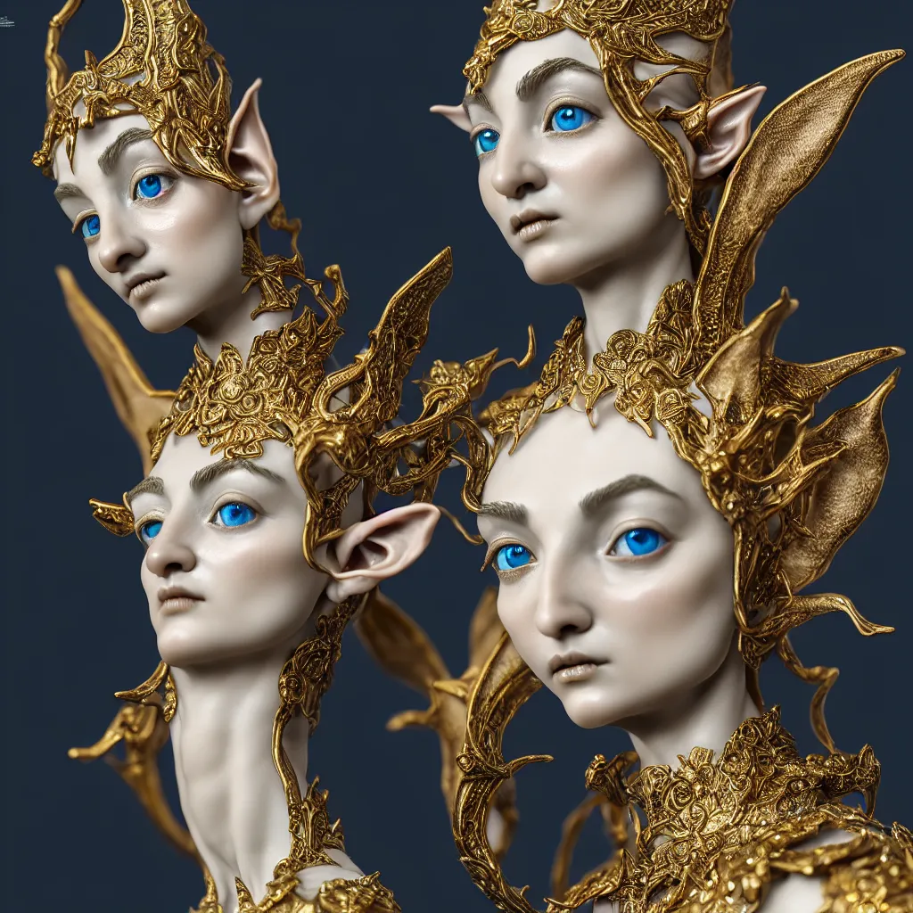 Prompt: a closeup photo - real delicate ceramic porcelain sculpture of an ornate detailed elf in front of an intricate background by rafael, micro detail, backlit lighting, subsurface scattering, translucent, thin porcelain, octane renderer, black and blue and gold jewelry, physically based rendering, trending on cgsociety