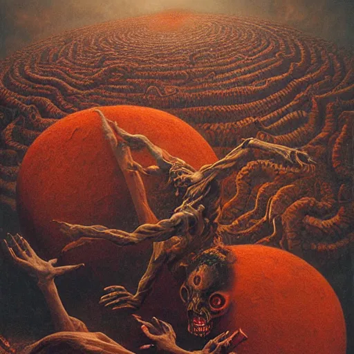 Image similar to two demons dance ballet in hell, surrounded by spheres!!!, beksinski, dariusz zawadzki, very coherent symmetrical artwork. cinematic, hyper realism, high detail, octane render, 8 k