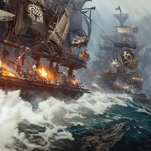 Image similar to close up of biggest pirate battle ever, realistic shaded, fine details, realistic shaded lighting poster by greg rutkowski
