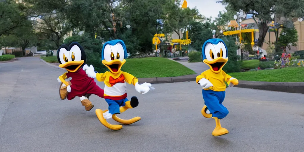 Prompt: huey dewey and louie running away from angry donald duck