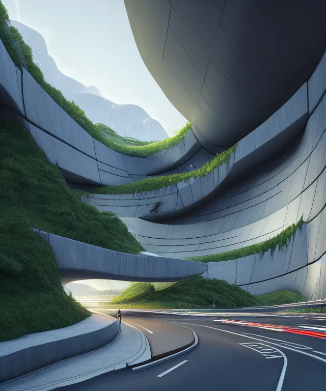 Image similar to ralph mcquarrie and denis villeneuve establishing shot of modern bjarke ingels condo building and gotthard tunnel entrance combined, roads tunnel under bjarke ingels condo building, lush scenery, scifi artstation digital concept art, unreal engine, hyper realism, realistic shading, cinematic composition, blender render, octane render, wide shot