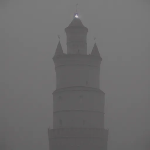 Prompt: Kremlin tower flying as rocket, foggy weather, film still, heavy grain