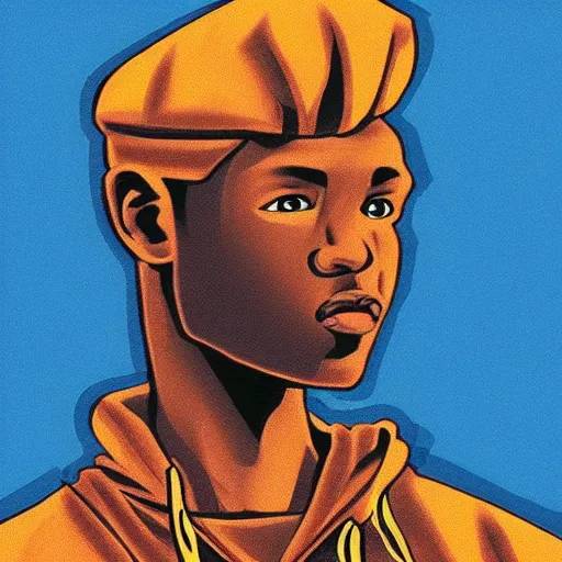 Prompt: “Side portrait of A AfricanAmericanboy with a blue hoodie on, in the style of a soviet propaganda poster”