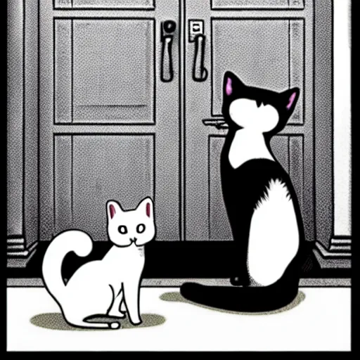 Prompt: a grey british short cat is sitting in front of a closed white door. the cat is holding a megaphone. the cat is meowing through the megaphone. creepy. manga art by Junji Ito.