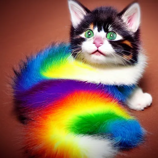 Image similar to retarded rainbow kitten! laying on it ‘ s back showing it ‘ s fluffy belly while looking at the camera!, photorealistic, anatomically correct, sharp focus, 4 k, beautiful,