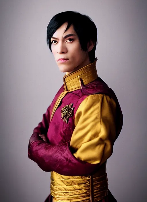 Image similar to real life Prince Zuko portrait photo, Sigma 50mm f/1.4, beautiful, photo by annie leibovitz