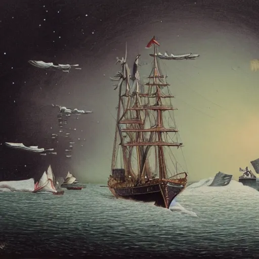 Prompt: a wooden sailing ship being attacked by flying saucers in the arctic, intricate, detailed